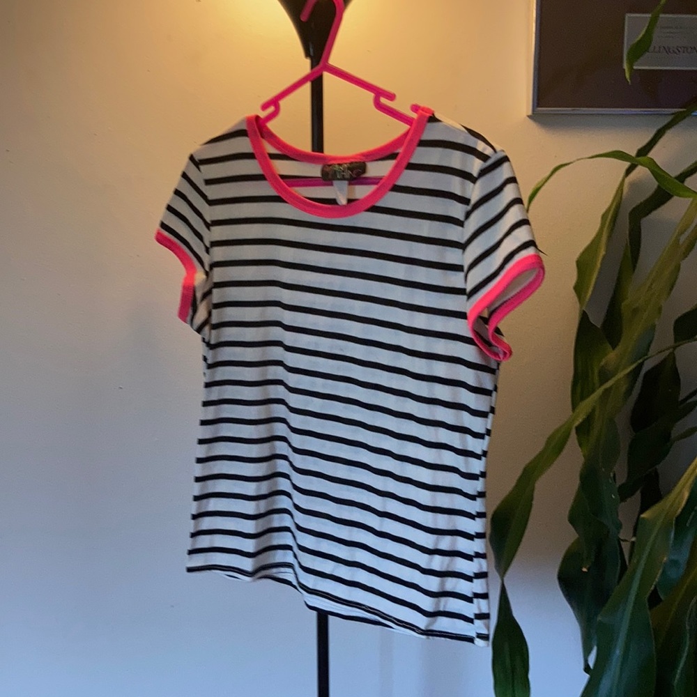 XL white and black striped t shirt with pink trim from Say Anything
